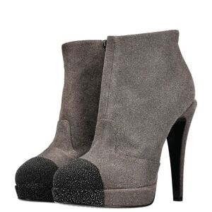 CHANEL Authentic 140mm Glitter Cap Toe Ankle Boots In Taupe/Noir Size 38
